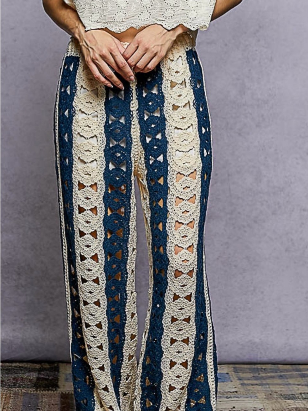 POL Crochet Wide-Leg Pants in Navy and Cream